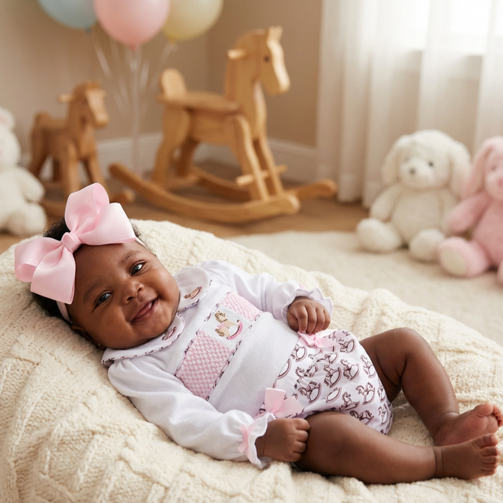 Ocean Baby Girls Pastel Rocking Horse Smocked Buster Suit (NB-3Yrs)
