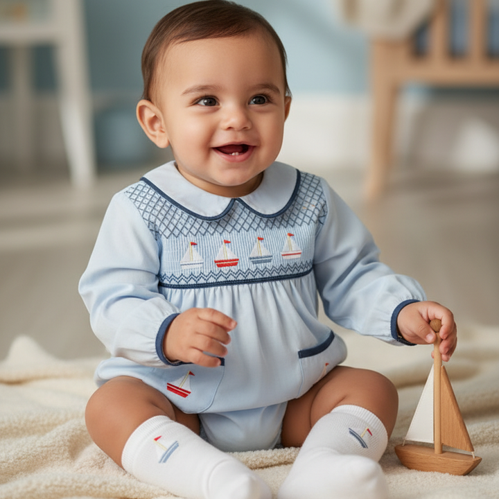 Ocean Baby Boys Sail Boat Smocked Bubble Suit Set (NB-3Yrs)