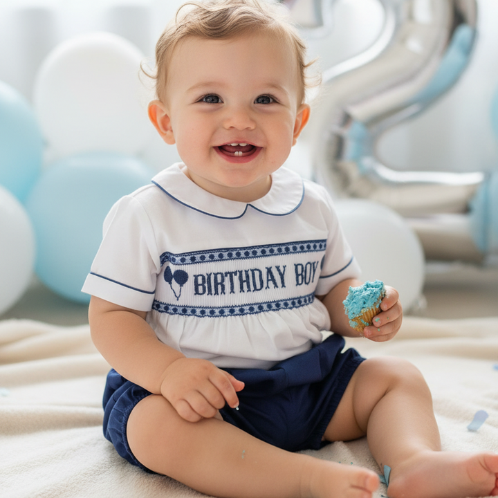 Ocean Baby Boys Navy Birthday Smocked Buster Suit Set (9M-3Yrs)