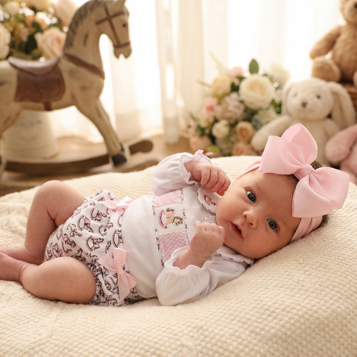 Ocean Baby Girls Pastel Rocking Horse Smocked Buster Suit (NB-3Yrs)
