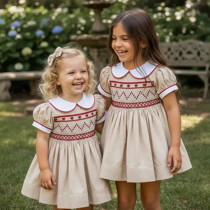 Ocean Baby Girls 'Camel Berry' Smocked Petticoat Layered Dress (NB-10Yrs)