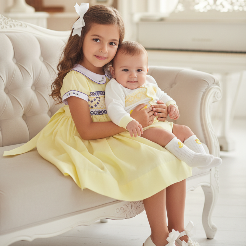 matching Spring kids clothing. Smocked matching sibling clothes. lemon cotton smocked dress. newborn to 10 years
