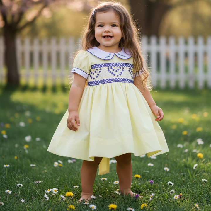 Lemon cotton smocked baby dress. handmade baby girls dress. lemon smocked petticoat skirt dress. newborn to 10 years.