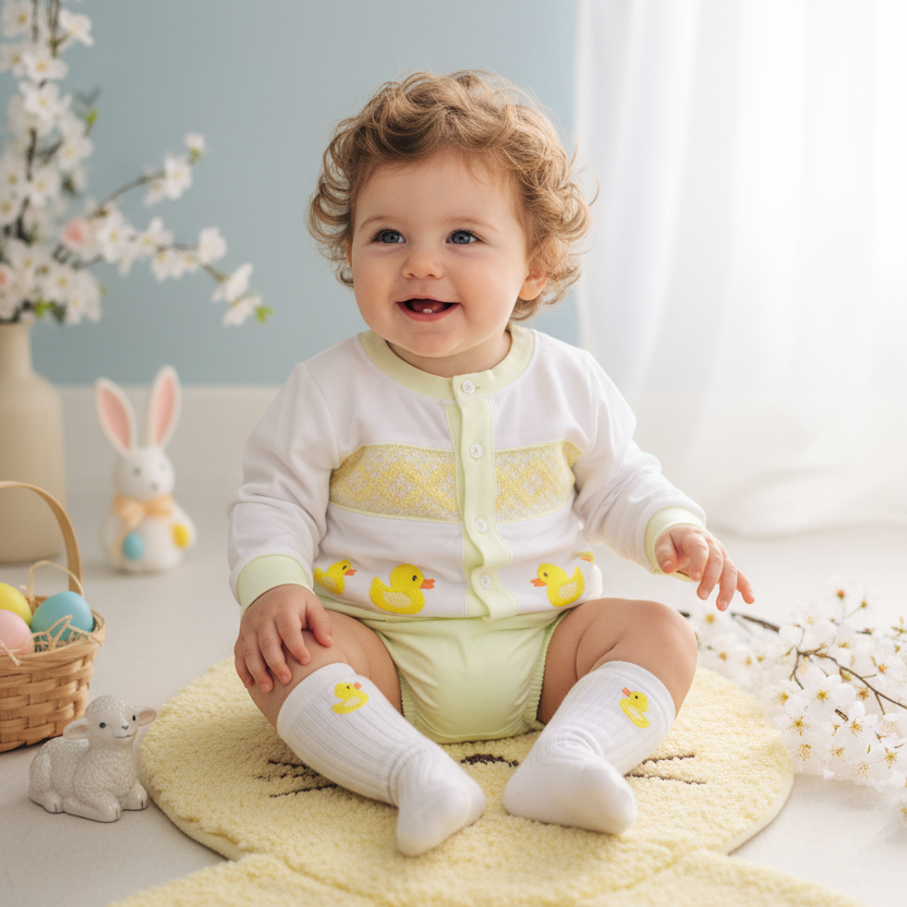 handmade cotton baby boys cardigan suit set with smocked and hand embroidery in lemon. Newborn to 3 years