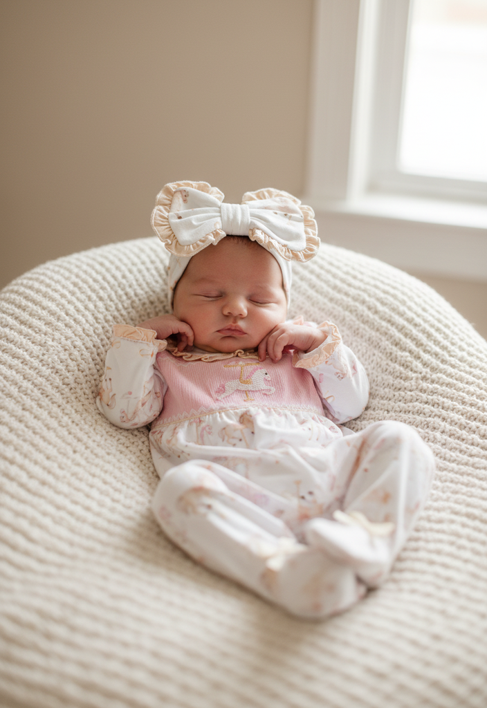 Ocean Baby Girls Smocked Carousel Themed Sleepsuit & Headband Set (NB-18M)