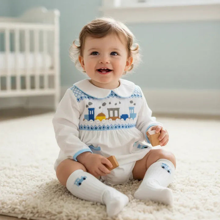 Ocean Baby Boys Train Theme Hand-Smocked Bubble Suit Set (NB-2Y)