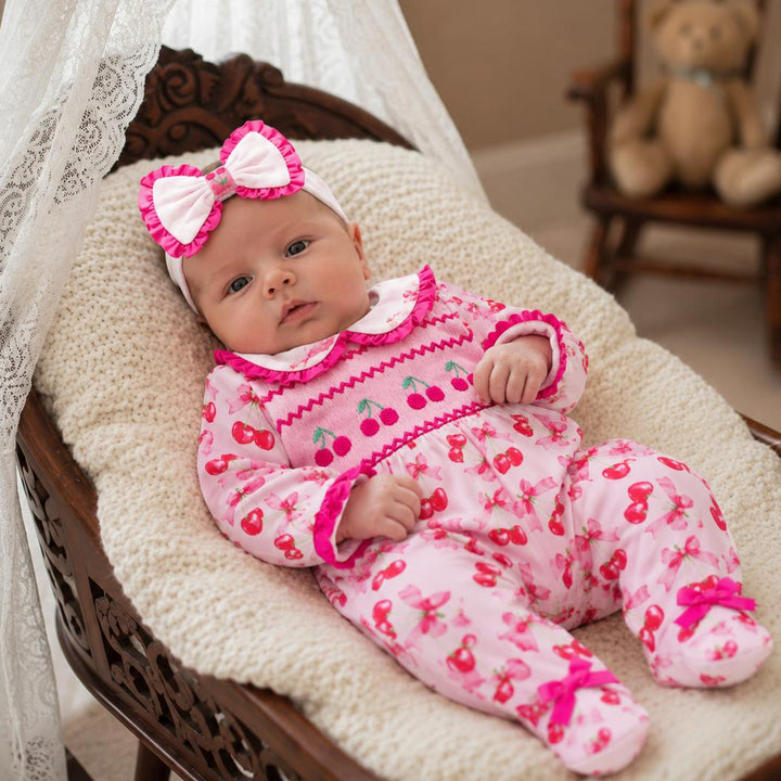 smocked baby girls cherry sleepsuit sets 