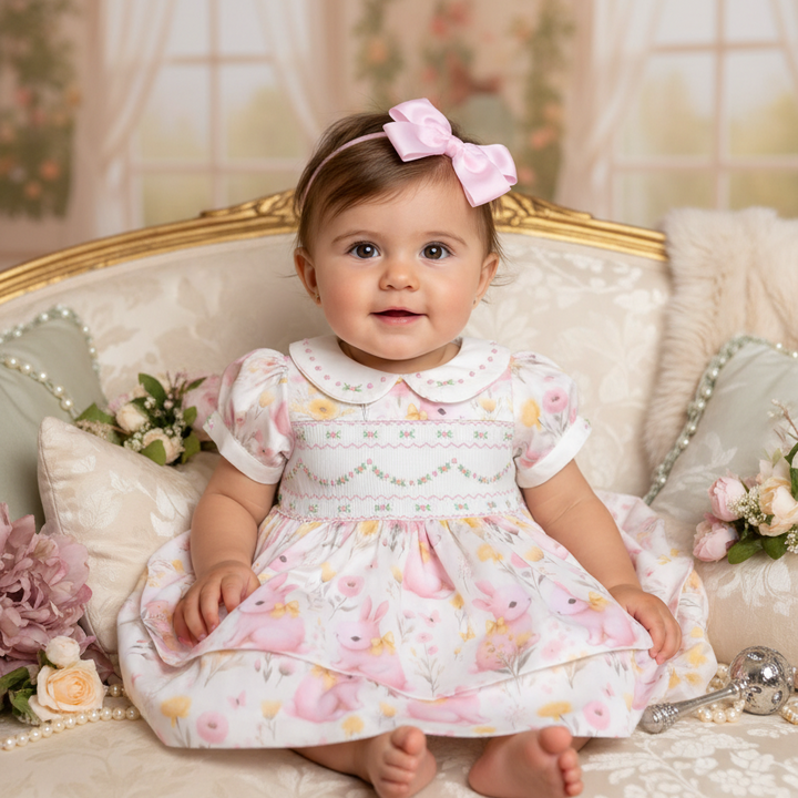 bunny floral cotton smocked girls baby dress full petticoat skirt