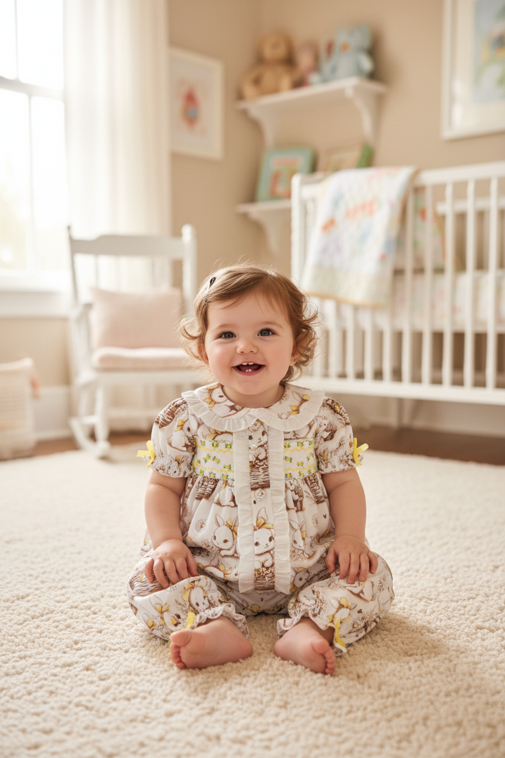 Ocean Baby Girls Smocked Pale Lemon Bunny Pyjamas (3M-8Yrs) Pjs