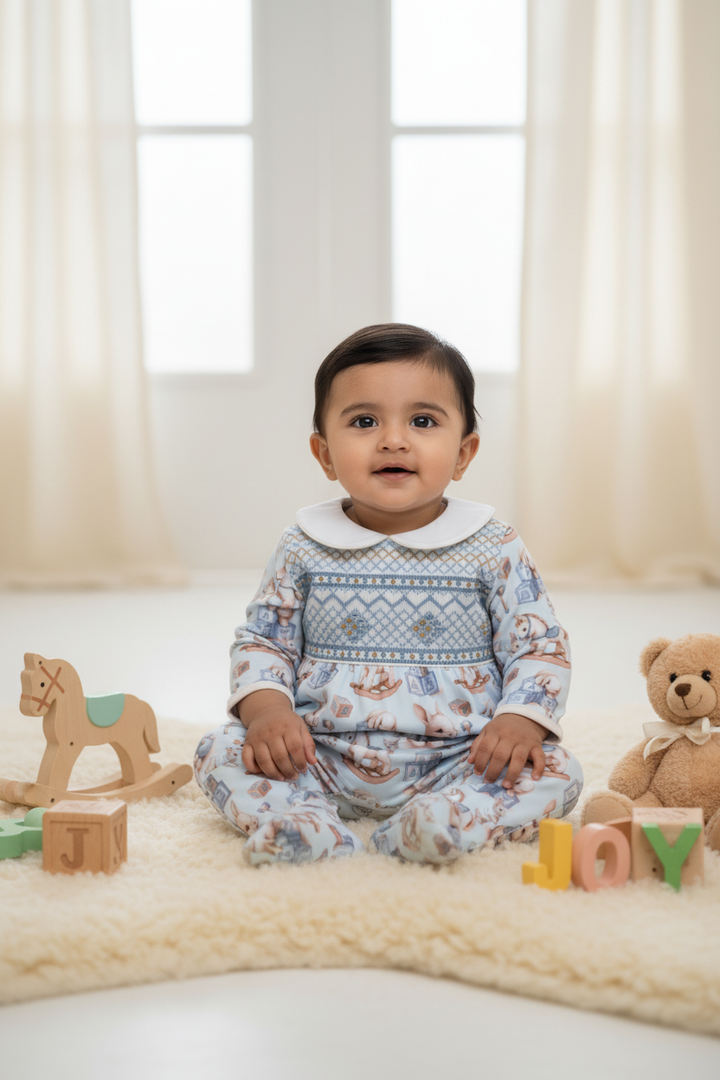 Ocean Baby Boys Smocked Vintage Toy & Bunny Print Sleepsuit & Bib Set (NB-18M)