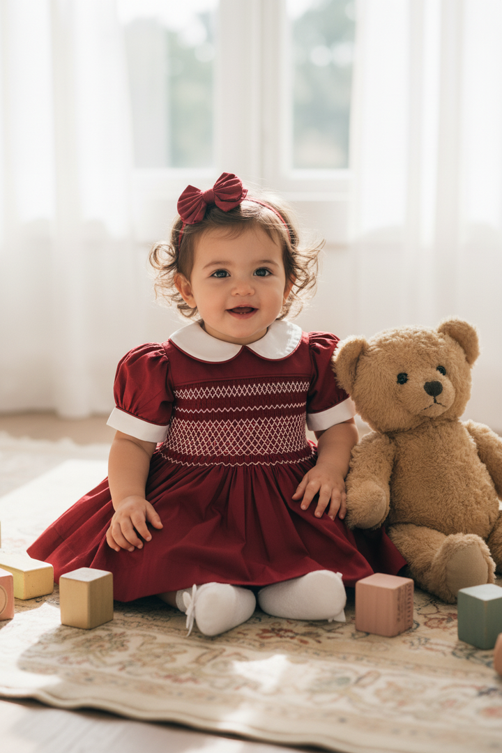 Ocean Baby Girls Bordeaux Sateen Smocked Petticoat Layered Dress - (NB-10Yrs)