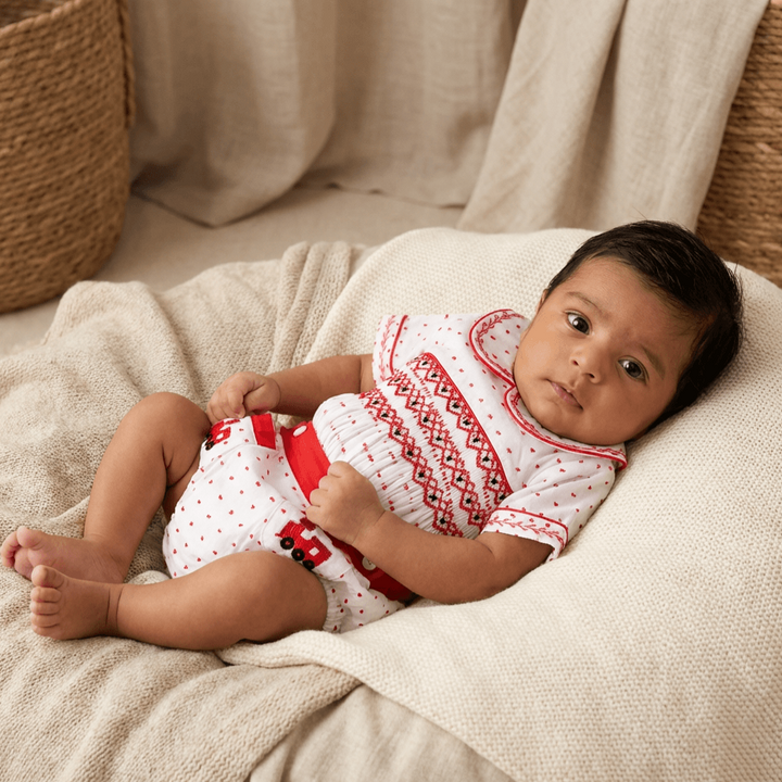 Ocean Baby Boys Red Swiss Dot Train Smocked Buster Pants Outfit (NB-3Yrs)