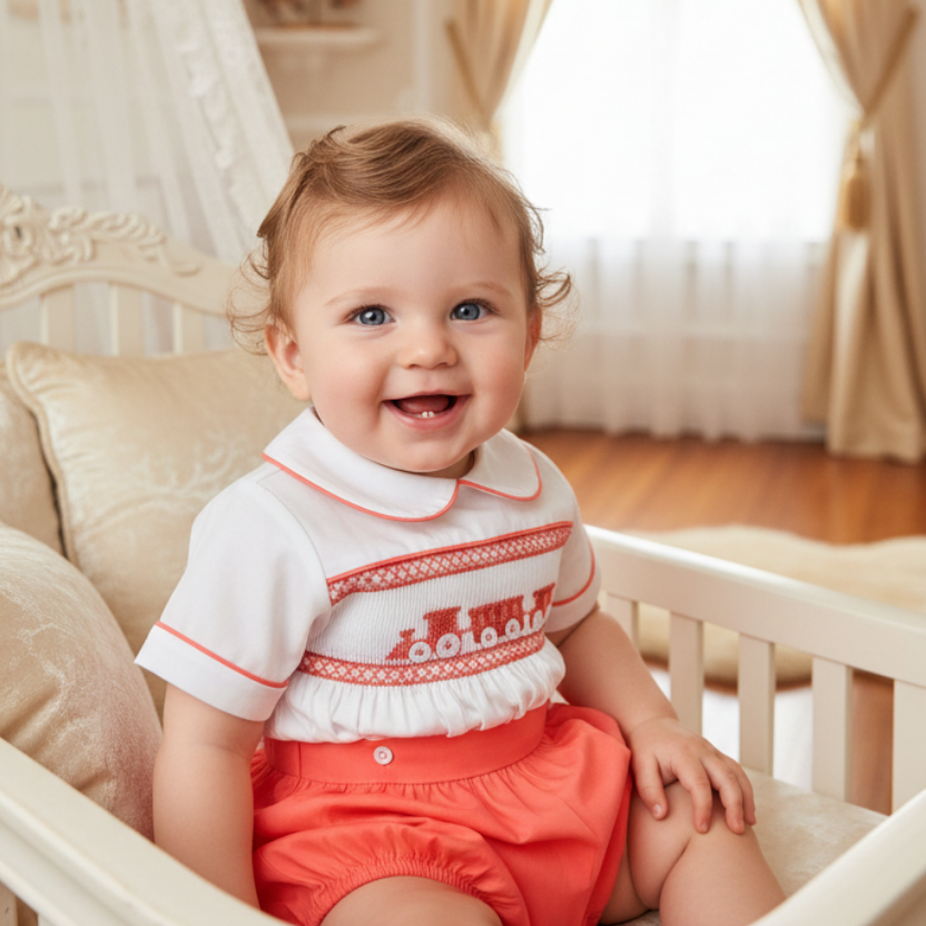 Ocean Baby Terracotta Train Themed Smocked Buster Suit (NB-2YRS)
