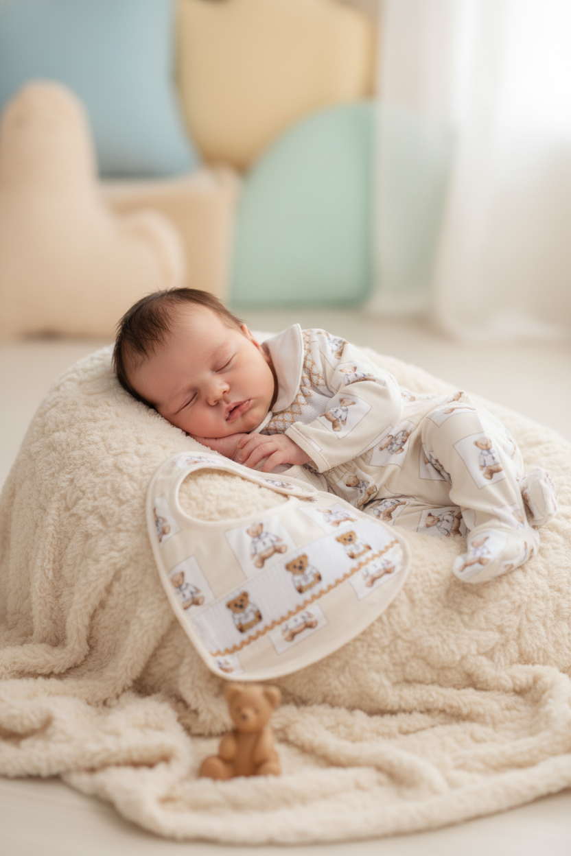 Ocean Baby Boys Smocked Cream Teddy Sleepsuit & Bib Set (NB-12M)