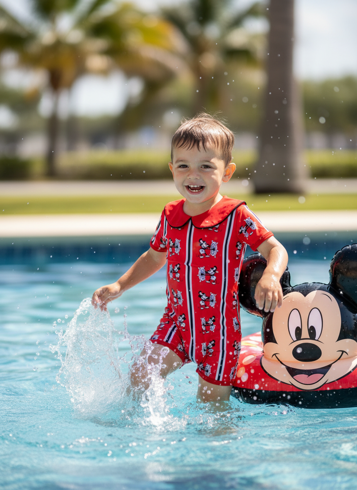 Ocean Baby Boys SteamBoat Mickey Neon Red Swimsuit with Poppers (3M-4YRS)
