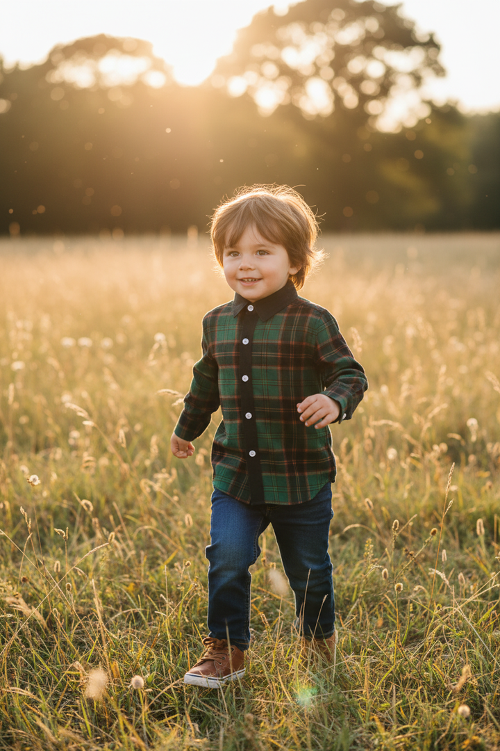 Ocean Baby Boys Hunter Green Plaid Shirt  (6M-14Yrs)