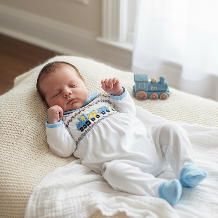 Ocean Baby Boys Smocked Train Themed Sleepsuit & Bib Set (NB-18M)