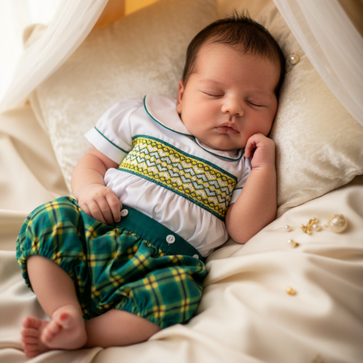 Ocean Baby Boys Green & Lemon Plaid Smocked Buster Suit (NB-2Yrs)