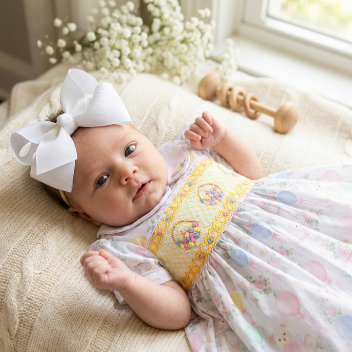 Ocean Baby Girls Smocked Pastel Teddy Bear Themed Dress (NB-6Y)