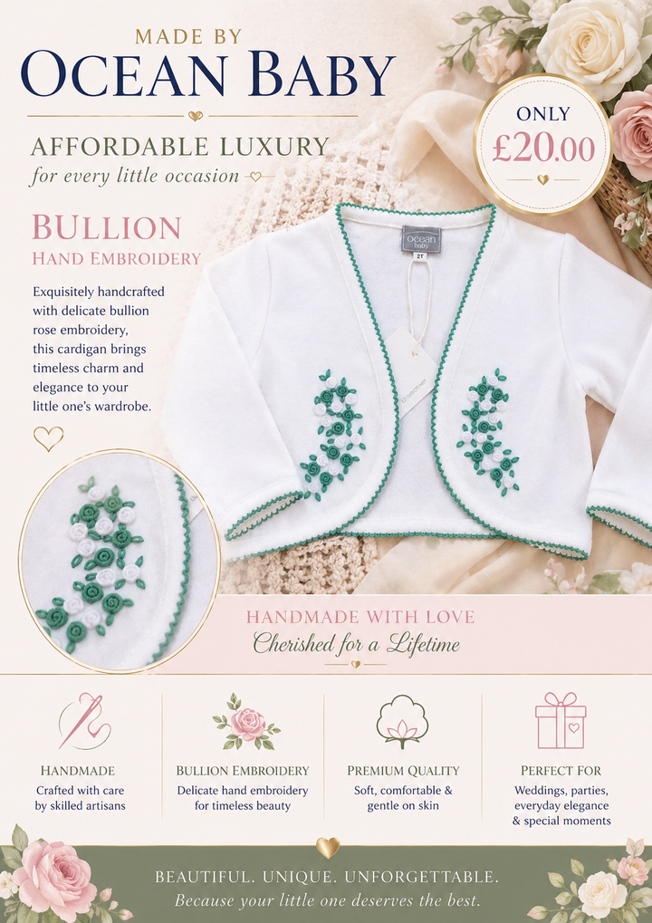 Ocean Baby Girls Hand Embroidered Rose Bullion Cardigan White/Emerald (NB-10Yrs)