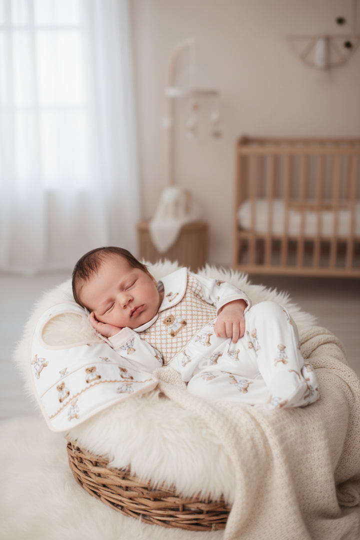 Ocean Baby Boys Smocked White Teddy Sleepsuit & Bib Set (NB-12M)