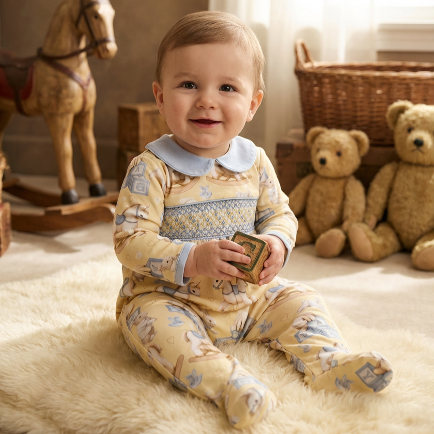 cream baby boys sleepsuit outfit smocked handmade baby sleepsuit