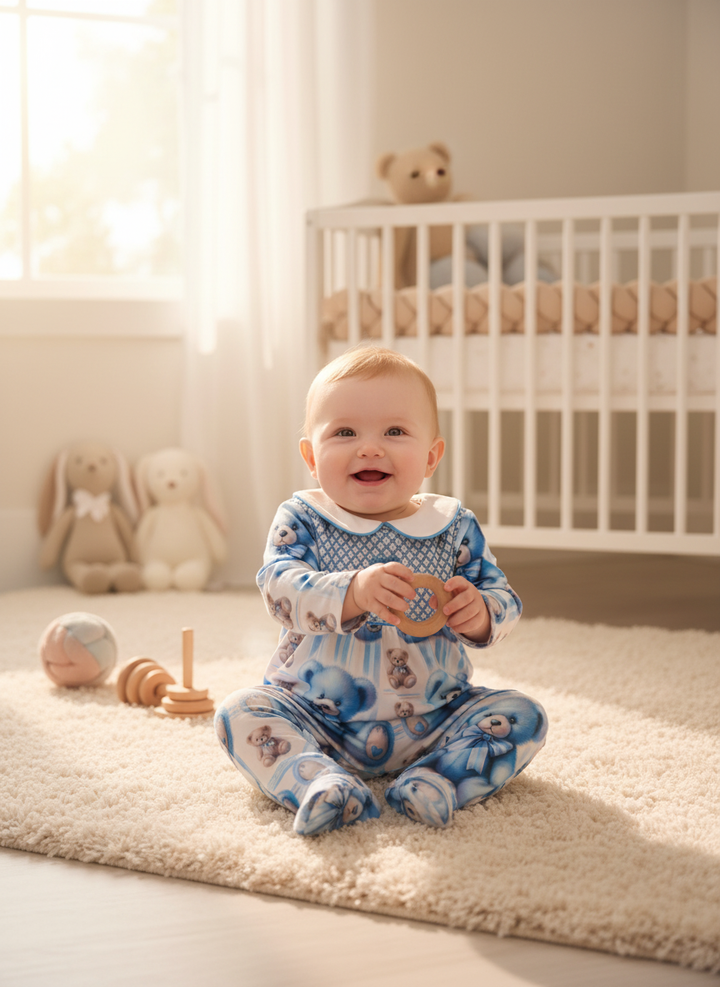 Ocean Baby Boys Smocked Teddy Sleepsuit & Bib Set (NB-18M)