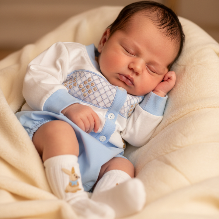handmade smocked baby boys outfit set in blue cotton with traditional geometric smocking 