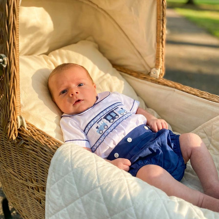 Ocean Baby Midnight Navy Train Themed Smocked Buster Suit (NB-3Yrs)