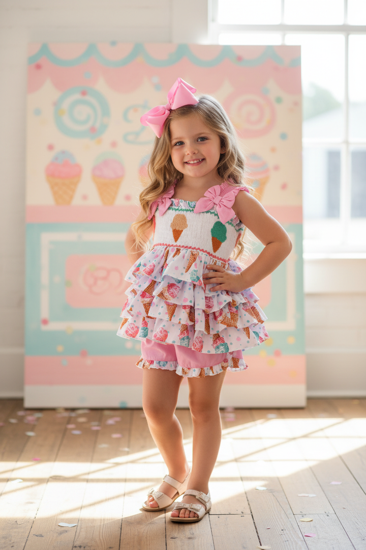 Ocean Baby Girls Icecream Ruffle Smocked Shorts Set (12M-8Y)