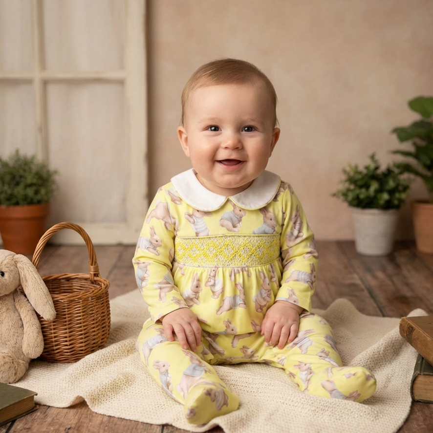 lemon cotton baby boys handmade sleepsuit outfit bunnies