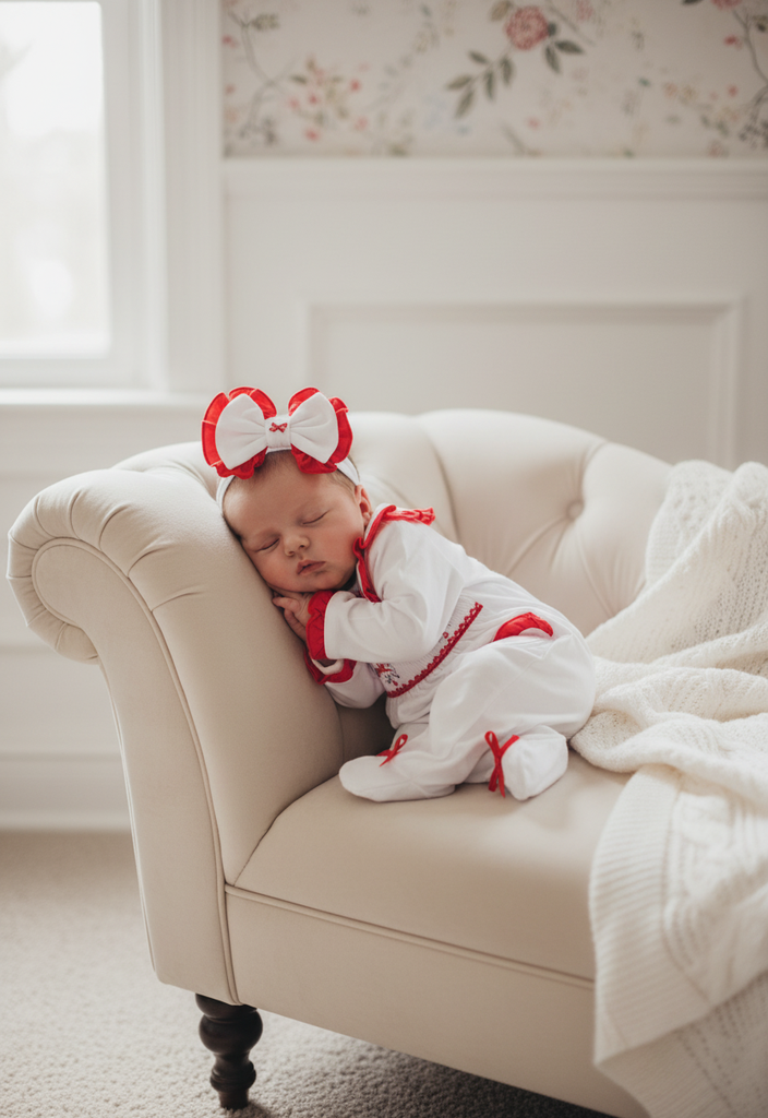 Ocean Baby Girls Red Smocked Rocking Horse Sleepsuit & Headband Set (NB-18M)