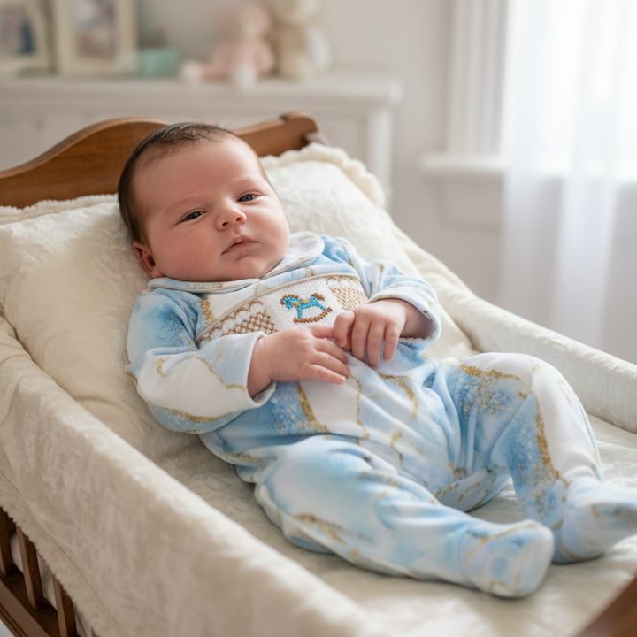Ocean Baby Boys Smocked Marble Effect Rocking Horse Sleepsuit & Bib Set (NB-18M)