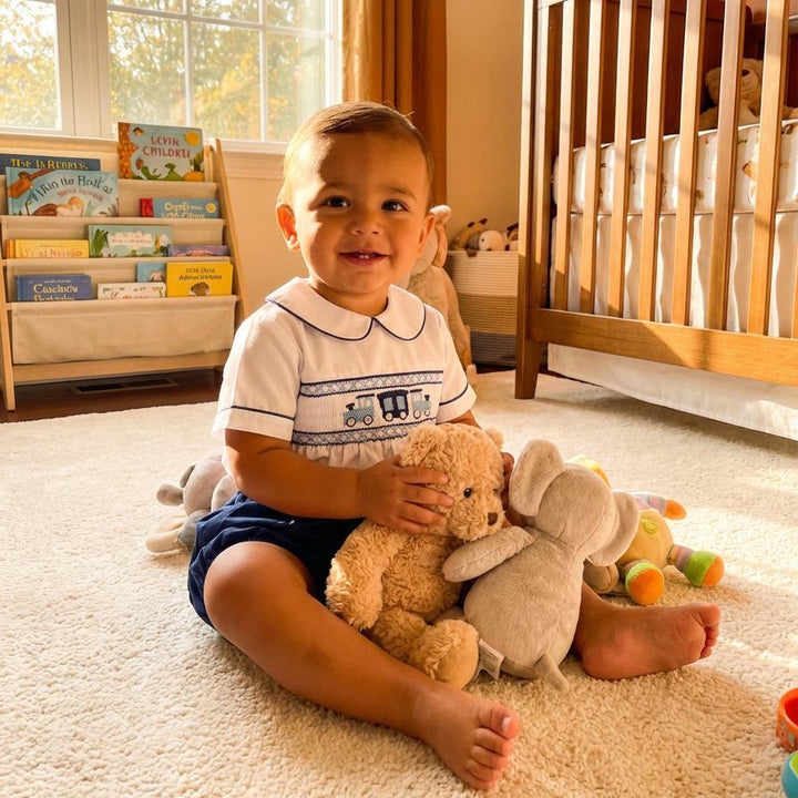Ocean Baby Midnight Navy Train Themed Smocked Buster Suit (NB-3Yrs)