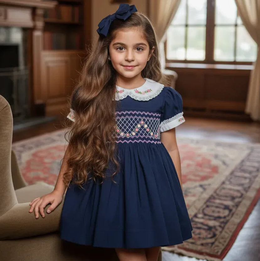 Ocean Baby Girls Navy Smocked Petticoat Layered Dress (3M-10Yrs)