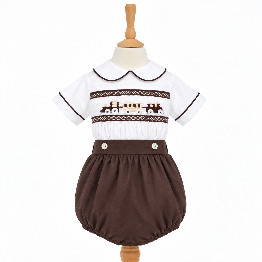Ocean Baby Mulberry Bloom Train Themed Smocked Buster Suit (NB-3Yrs)