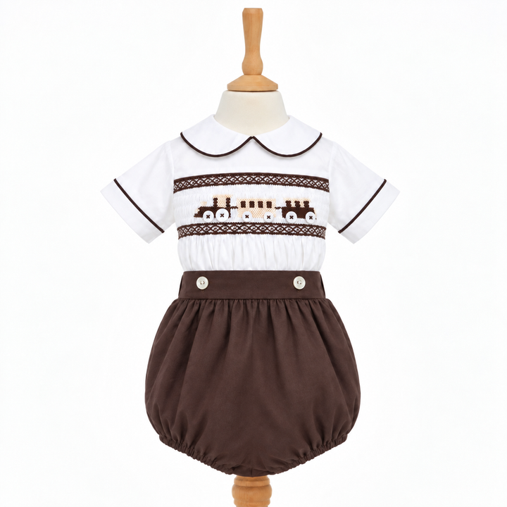 Ocean Baby Mulberry Bloom Train Themed Smocked Buster Suit (NB-3Yrs)