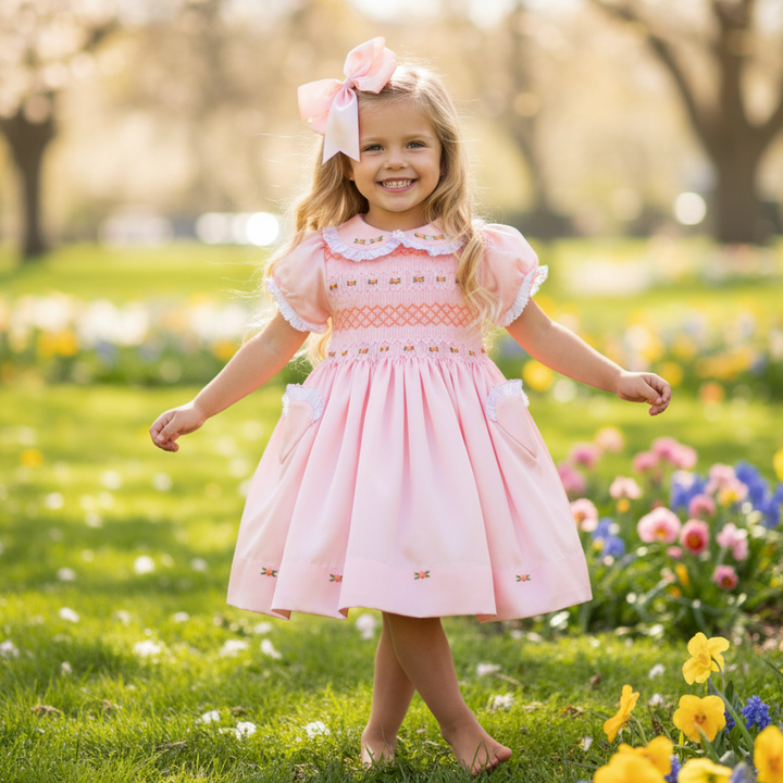 peach smocked baby dress party dress for girls 