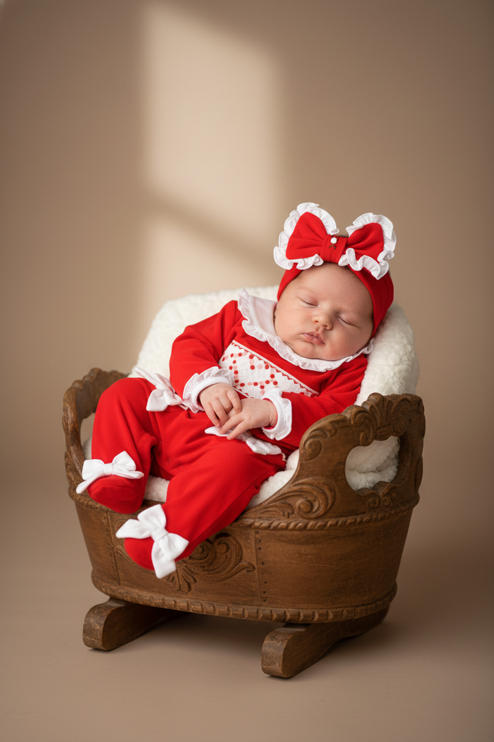 Ocean Baby Girls Red Collection Smocked Sleepsuit & Headband Set (NB-18M)
