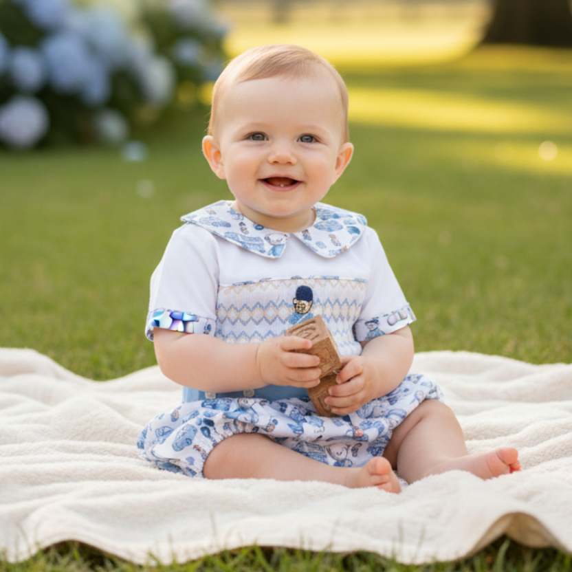 luxury smocked teddybear themed baby boys suit outfit luxury Ocean Baby