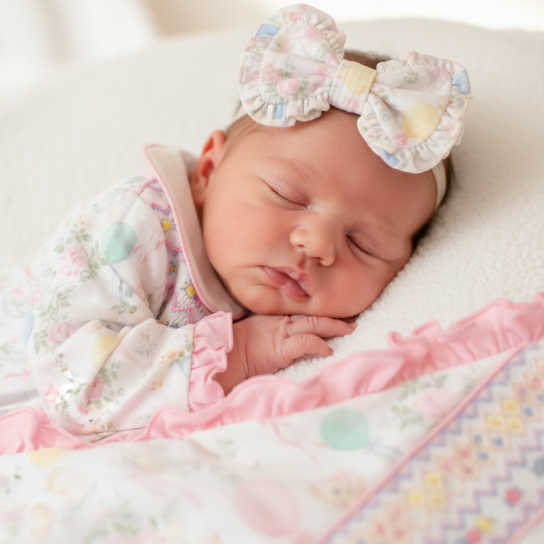 Ocean Baby Girls Smocked Pastel Teddy Bear Sleepsuit & Headband Set (NB-18M)
