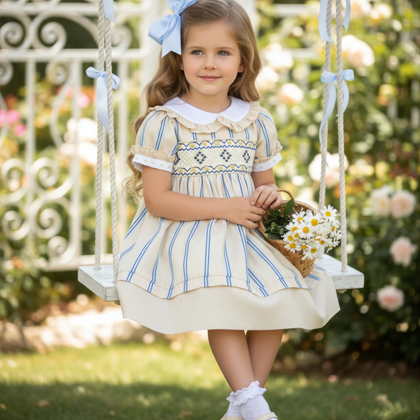 Ocean Baby Girls Smocked Lemon & Blue Stripe Cotton Petticoat Layered Dress (NB-8YR)
