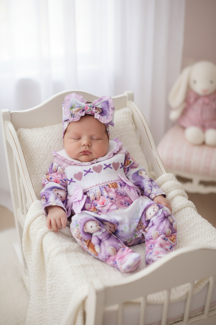 Ocean Baby Girls Teddy Bear Picnic Smocked Sleepsuit & Headband Set (NB-18M)