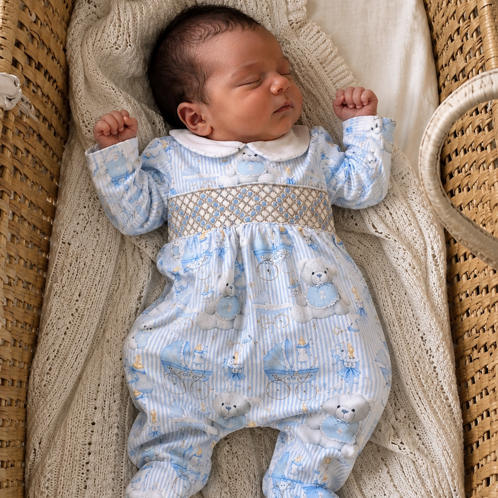Ocean Baby Boys Smocked Baby Teddy Sleepsuit & Bib Set (NB-18M)