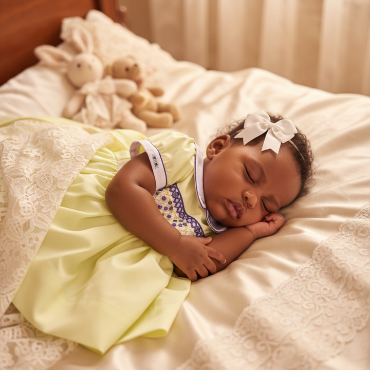 soft cotton smocked lemon baby dress with hand smocked details. newborn to 10 years