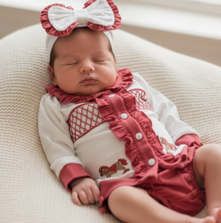Ocean Baby Girls Red Rocking Horse Smocked Cardigan & Pants Outfit (NB-4Yrs)