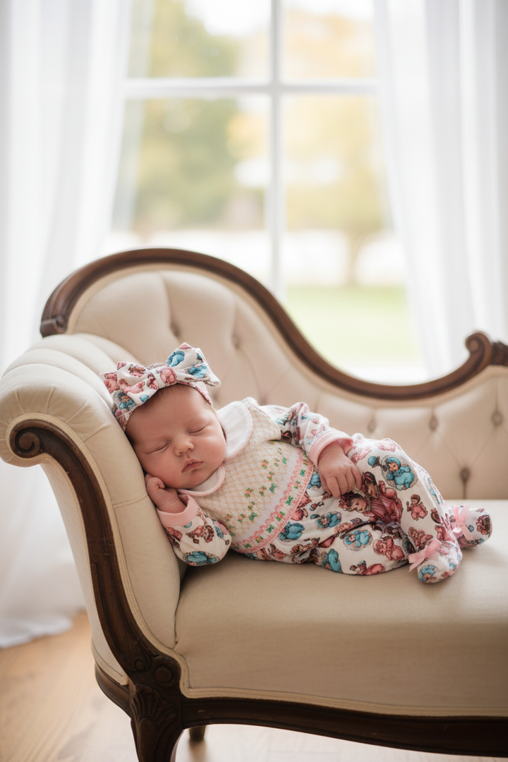 Ocean Baby Girls '20's Style Baby' Smocked Sleepsuit & Headband Set (NB-18M)