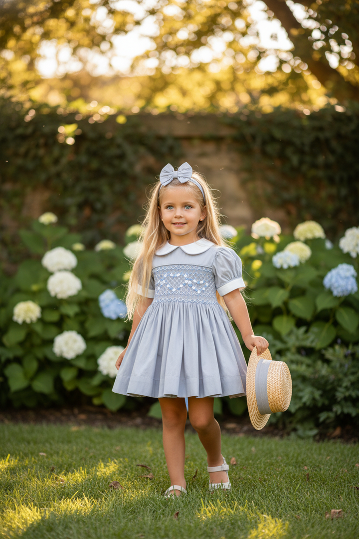 Ocean Baby Girls Platinum & Powder Blue Sateen Smocked Petticoat Layered Dress - (NB-10Yrs)