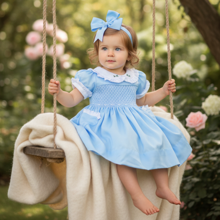 Child in a blue dress with a headband sitting on a swing in a garden.