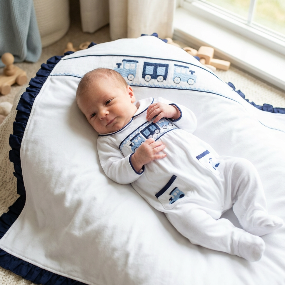 Ocean Baby Boys Train Smocked Ruffle Edged Blanket